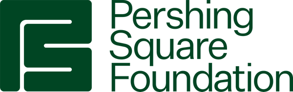 Pershing Square Foundation Logo, green blocky path logo with green title text.