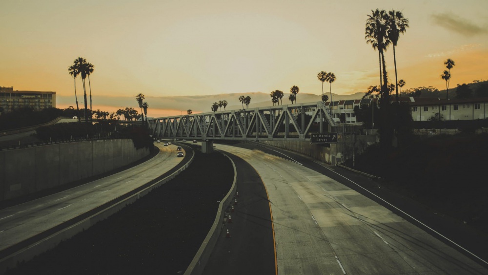 A highway running into the horizon in a tropical location with palm trees scattered.