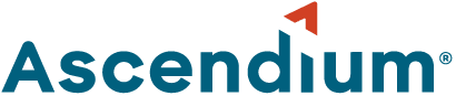 Ascendium Logo, blue title text with red carrot above the "i".