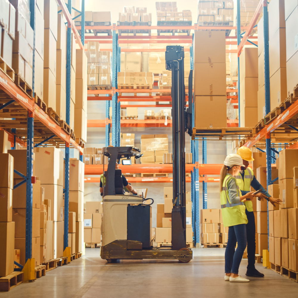 Retail Warehouse full of Shelves with Goods in Cardboard Boxes,