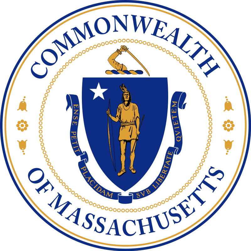 Commonwealth of MA Logo, blue seal with a yellow man and blue text surrounding.