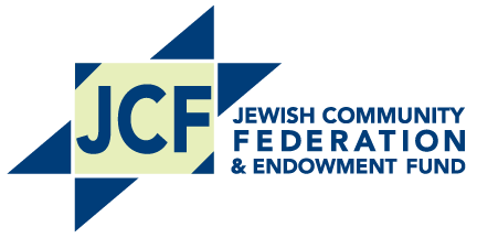 Jewish Community Federation and Endowment Fund Logo, blue title text with geometric logo beside.