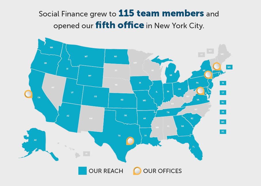 Map of the US showing all of the states that Social Finance conducts work in, and the locations of the five SF offices.