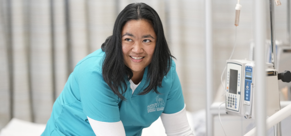 Nursing student in a Nursing Simulation Lab at Hudson County Community College in Jersey City, NJ.