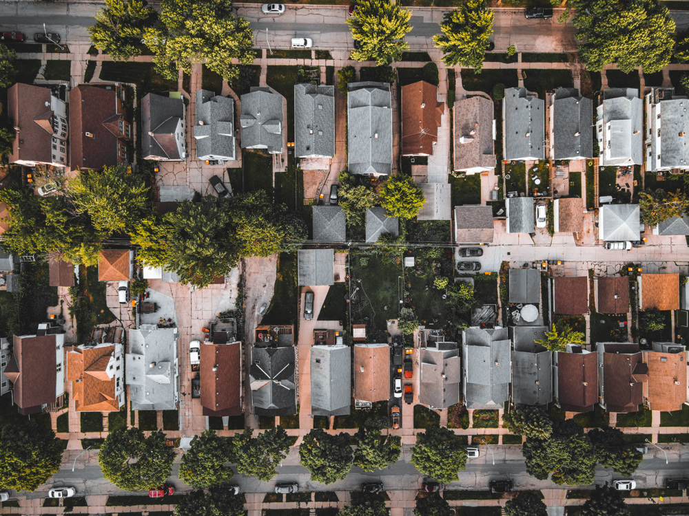 An aerial image of a suburban neighborhood.