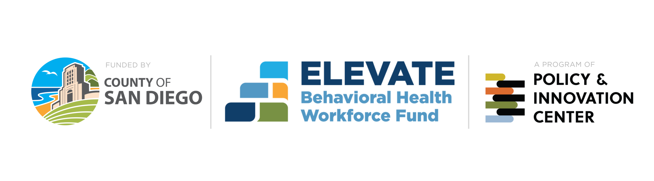 Three logos: County of San Diego, Elevate Behavioral Health Workforce Fund, and Policy & Innovation Center, shown side by side with program and funding details.