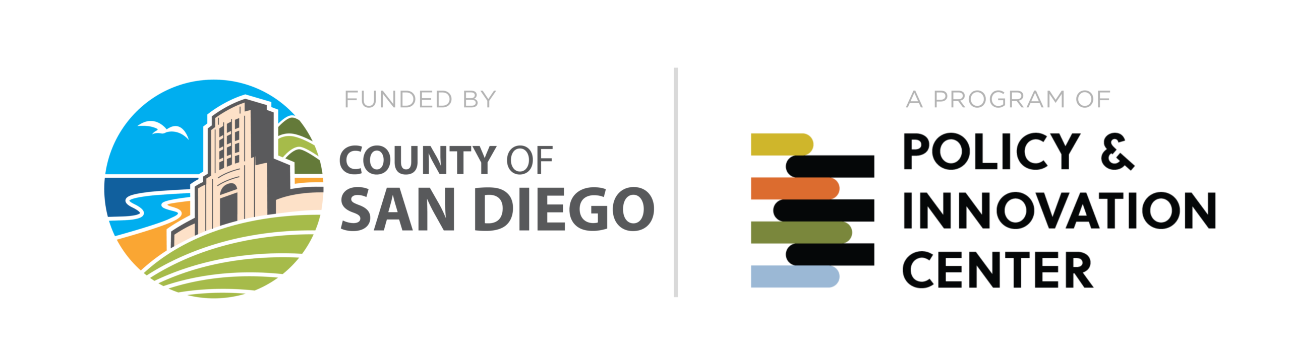 Logo with a coastal building illustration, text “Funded by County of San Diego,” and stacked lines with “Policy & Innovation Center” program name on the right.