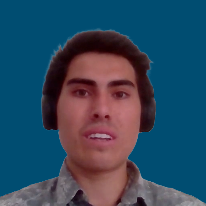 A person wearing headphones and a patterned shirt faces the camera against a solid blue background.