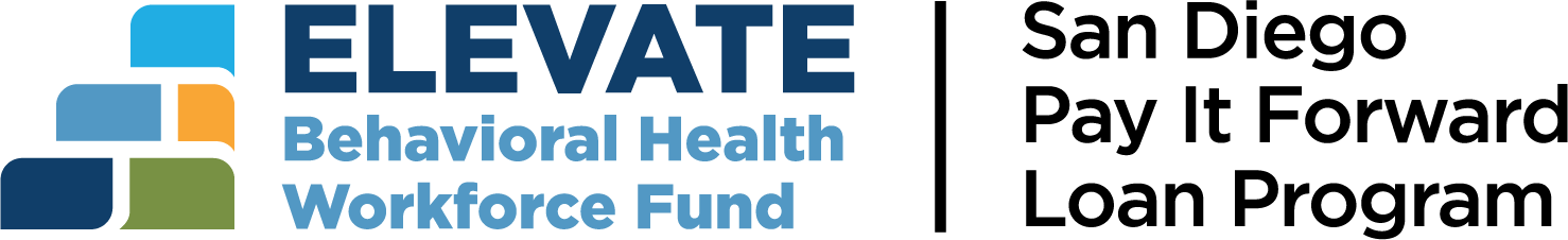 Logo for ELEVATE Behavioral Health Workforce Fund and San Diego Pay It Forward Loan Program, featuring abstract shapes and bold text.