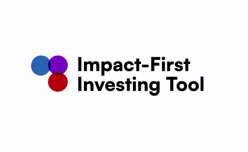Logo with three overlapping circles—blue, purple, and red—next to the bold text "Impact-First Investing Tool" on a light background.