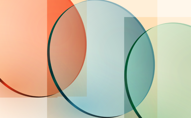 Overlapping translucent circles in orange, blue, and green tones with intersecting rectangles on a beige background.