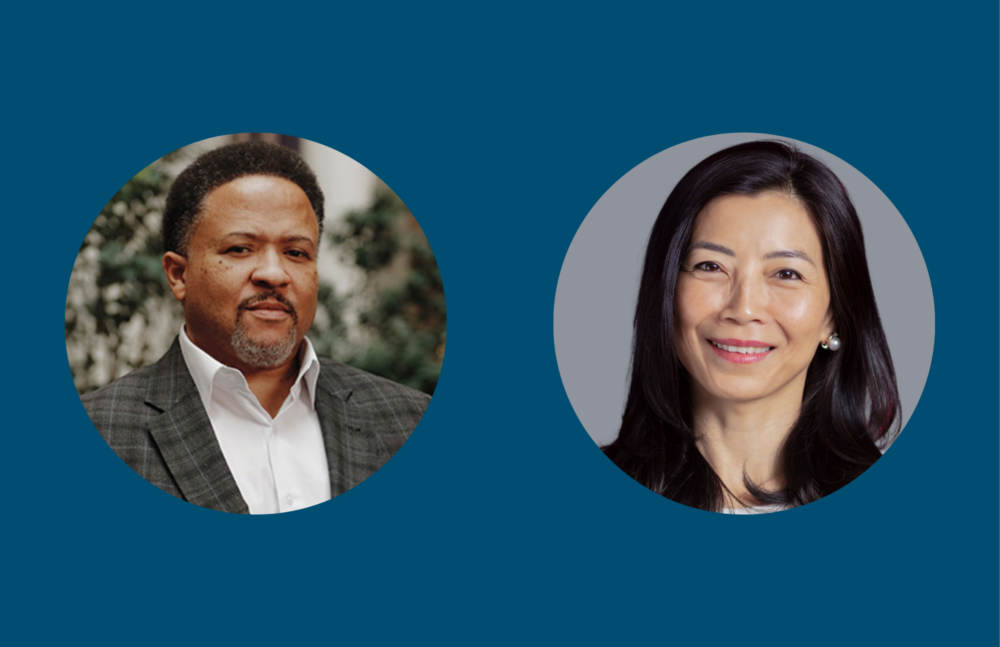 Two professionally dressed individuals, a man and a woman, each shown in separate circular portraits against a blue background.