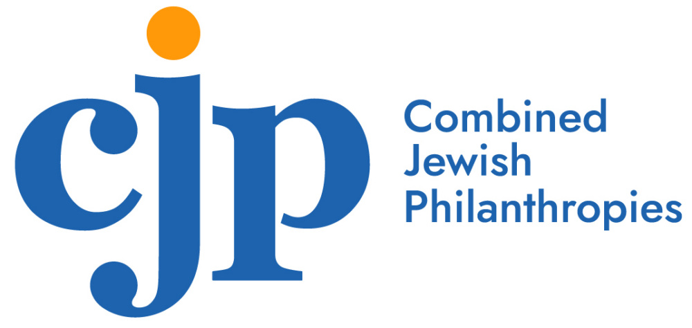 CJP logo with large blue lowercase letters "cjp" and an orange dot above the "j," next to the words "Combined Jewish Philanthropies" in blue text.