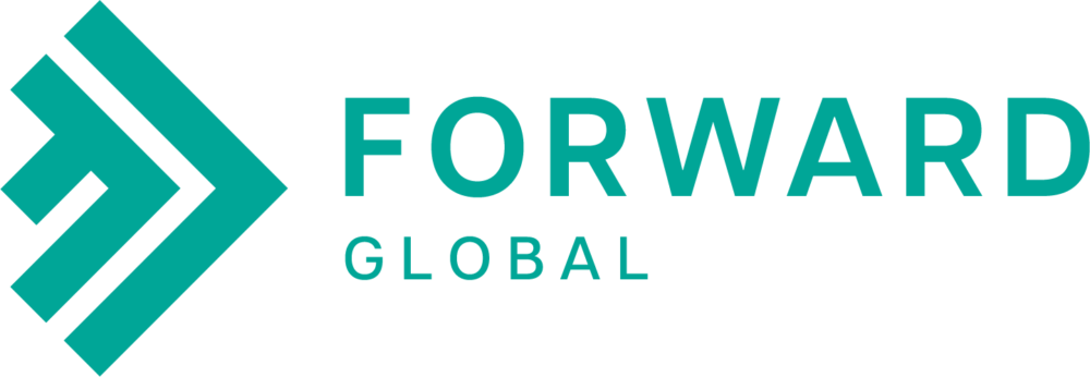 Teal geometric arrow logo to the left of the words "FORWARD GLOBAL" in uppercase teal letters on a light background.