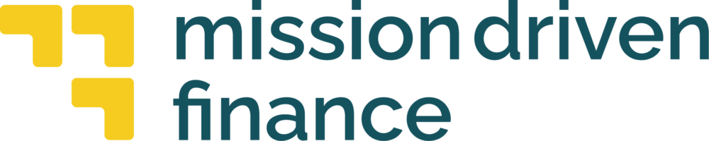 Mission Driven Finance logo with yellow abstract shapes on the left and company name in blue lowercase letters on the right.