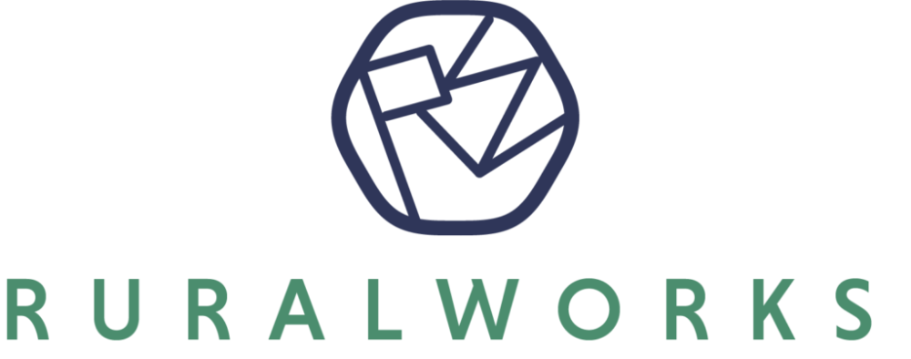 RuralWorks logo with a geometric, abstract design above the word "RURALWORKS" in green capital letters.