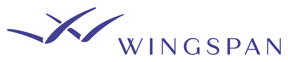 Logo with abstract purple wing shapes on the left and the word "WINGSPAN" in uppercase purple letters on the right.