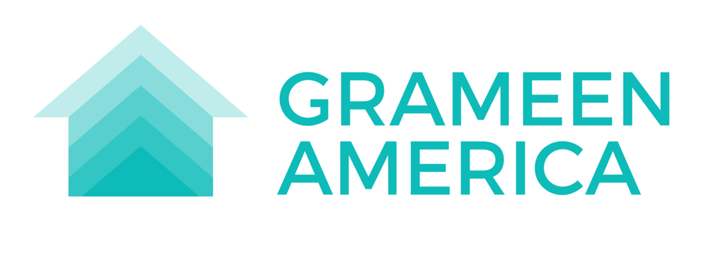 Grameen America logo featuring three overlapping arrows forming a house shape next to the organization’s name in teal text.