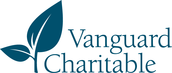 Vanguard Charitable logo featuring a stylized blue leaf graphic next to the organization’s name in blue serif font.
