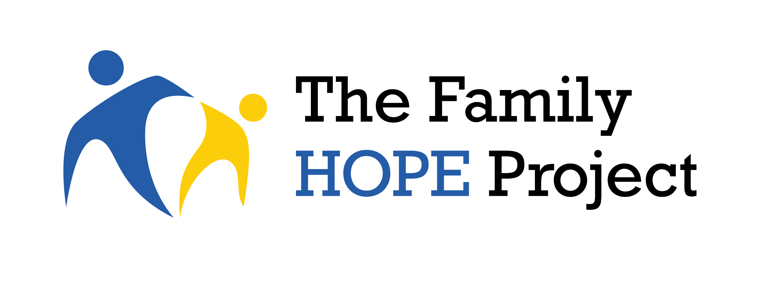 Logo for The Family HOPE Project with blue and yellow abstract figures and text, "The Family HOPE Project," where "HOPE" is in blue and the rest of the text is in black.