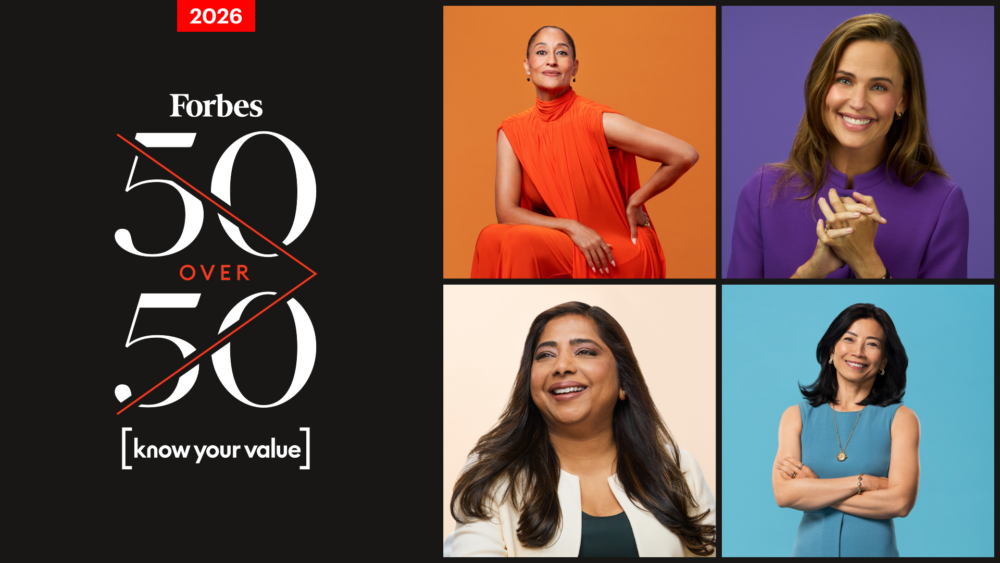 Forbes 50 Over 50 2026 cover featuring four women in colorful outfits, each smiling in individual portrait photos, with the event title and year displayed on the left.