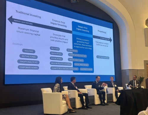 Five people sit on a panel in front of a large screen displaying a chart comparing traditional investing, impact investing, and philanthropy in a conference room.