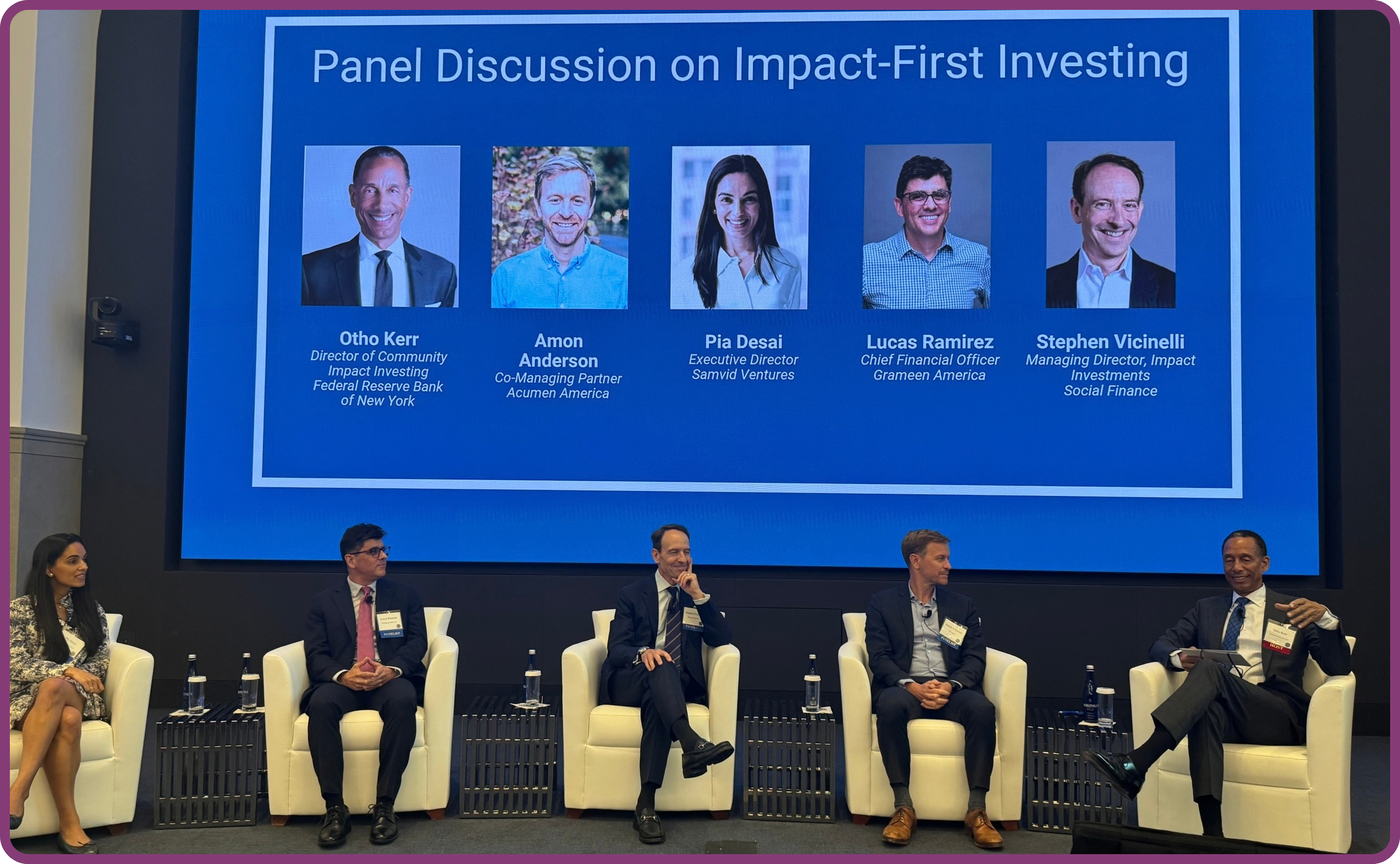 Five panelists sit on a stage beneath a screen displaying their names and titles during a discussion on impact-first investing.