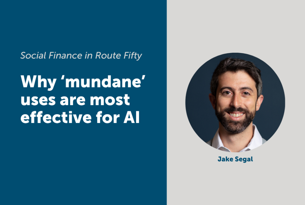 Split-screen image with text discussing AI’s effectiveness for mundane uses on the left, and a headshot of a man labeled “Jake Segal” on the right.